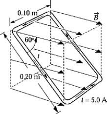 <strong> A rectangular loop of wire (0.10 m by 0.20 m) carries a current of 5.0 A in a counterclockwise direction. The loop is oriented as shown in a uniform magnetic field. The magnetic dipole moment associated with this loop has a value of</strong> A) 0.026 A · m<sup>2 </sup> B) 0.030 A · m<sup>2 </sup> C) 0.10 A · m<sup>2 </sup> D) 0.50 A · m<sup>2 </sup> E) 1.5 A · m<sup>2 </sup>