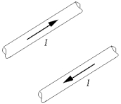 <strong> Two wires lying in the plane of this page carry equal currents in opposite directions, as shown. At a point midway between the wires, the magnetic field is</strong> A) zero. B) into the page. C) out of the page. D) toward the top or bottom of the page. E) toward one of the two wires.