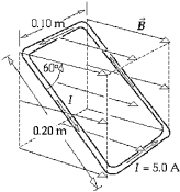 <strong> A rectangular loop of wire (0.10 m by 0.20 m) carries a current of 5.0 A in a counterclockwise direction. The loop is oriented, as shown, in a uniform magnetic field of 1.5 T. The magnetic flux of is</strong> A) 0.026 T · m<sup>2 </sup> B) 1.3 T · m<sup>2 </sup> C) 0.015 T · m<sup>2 </sup> D) 0.030 T · m<sup>2 </sup> E) 1.5 T · m<sup>2 </sup>