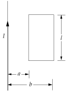  <strong>  A long straight wire carries a constant current I. The magnitude of the magnetic flux through the illustrated rectangular loop of wire is</strong> A) ( \mu <sub>0</sub>/4  \pi )2Il ln(b/a) B) ( \mu <sub>0</sub>/4  \pi )4Il ln(b/a) C) ( \mu <sub>0</sub>/4  \pi )Il ln[(a + b)/(b - a)] D) ( \mu <sub>0</sub>/4  \pi )4Il ln[(b - a)/(b + a)] E) ( \mu <sub>0</sub>/4  \pi )2Il ln[(b - a)/(b + a)] <div style=padding-top: 35px>  