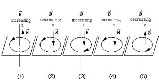 <strong> A loop rests in the xy plane. The z axis is normal to the plane and positive upward. The direction of the changing flux is indicated by the arrow on the z axis. The diagram that correctly shows the direction of the resultant induced current in the loop is</strong> A) 1 B) 2 C) 3 D) 4 E) 5