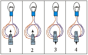 <strong> For which of the following diagrams will current flow in the clockwise direction?</strong> A) 1 and 2 B) 3 and 4 C) 1 and 3 D) 2 and 4 E) 2 and 3