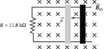 <strong> A wire rod rolls with a speed of 20 m/s on two metallic rails, 1.0 m apart, that form a closed loop. If the magnetic field is 1.5 T into the page, the power dissipated in the resistor R and the current direction are, respectively,</strong> A) 33 mW, clockwise. B) 33 mW, counterclockwise. C) 76 mW, counterclockwise. D) 76 mW, clockwise. E) 50 mW, clockwise.