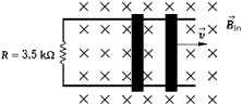 <strong> A wire rod rolls with a speed of 8.0 m/s on two metallic rails, 30 cm apart, that form a closed loop. A uniform magnetic field of magnitude 1.20 T is into the page. The magnitude and direction of the current induced in the resistor R are</strong> A) 0.82 A, clockwise. B) 0.82 A, counterclockwise. C) 1.2 A, clockwise. D) 1.2 A, counterclockwise. E) 2.9 A, counterclockwise.