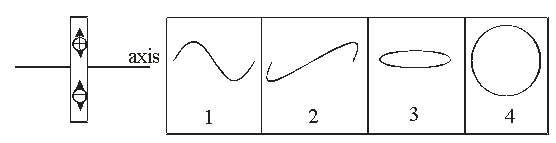 <strong> The left part of the figure shows a dipole oscillating in a sinusoidal function. Which of the curves best represents the magnetic field along the axis of the dipole centered about the dipole?</strong> A) 1 - sinusoidal wave in the plane of the dipole B) 2 - sinusoidal wave perpendicular to the plane of the dipole C) 3 - circular wave perpendicular to the plane of the dipole; the intensity propagates in a sinusoidal function D) 4 - circular wave in the plane of the dipole.; the intensity propagates in a sinusoidal function E) None of these is correct.