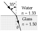 <strong> A ray of light strikes a water-glass interface at an angle of incidence of 35º. The angle of refraction is</strong> A) 40.3º B) 22.1º C) 30.6º D) 59.4º E) 19.7º