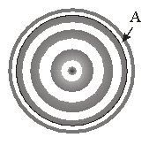 <strong>Use the figure for the next two questions. -The interference pattern is from a convex lens placed on a flat reflecting surface using a monochromatic light of wavelength \lambda = 550 nm. The distance between the lens and the flat surface at position A is</strong> A) 275 nm B) 550 nm C) 687.5 nm D) 825 nm E) 962.5 nm