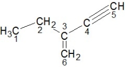 <strong>Identify the hybridization of carbon atoms numbered 1-6 in the structure below: </strong> A)Carbons 1 and 2 are sp<sup>3</sup>, carbons 3 and 6 are sp<sup>2</sup>, carbons 4 and 5 are sp hybridized. B)Carbons 1 and 3 are sp<sup>3</sup>, carbons 2 and 5 are sp<sup>2</sup>, carbons 4 and 6 are sp hybridized. C)Carbons 2 and 3 are sp<sup>3</sup>, carbons 4 and 5 are sp<sup>2</sup>, carbons 1 and 6 are sp hybridized. D)Carbons 4 and 5 are sp<sup>3</sup>, carbons 3 and 6 are sp<sup>2</sup>, carbons 1 and 2 are sp hybridized. E)Carbons 3 and 6 are sp<sup>3</sup>, carbons 4 and 5 are sp<sup>2</sup>, carbons 1 and 2 are sp hybridized.