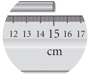 <strong>Read the length of the metal bar with the correct number of significant figures. </strong> A)20 cm B)15 cm C)15.0 cm D)15.00 cm E)15.000 cm