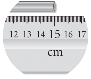 <strong>Read the length of the metal bar with the correct number of significant figures. </strong> A)20 cm B)15 cm C)15.0 cm D)15.00 cm E)15.000 cm