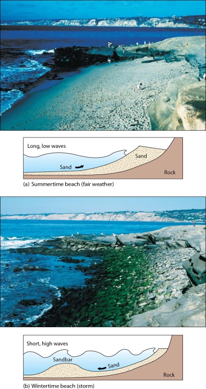 Briefly describe differences between summertime and wintertime beaches and explain why these differences occur.