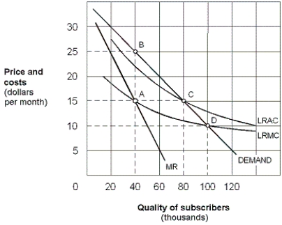 Exhibit 13-1 Cable television monopolist -As shown in Exhibit 13-1, regulators might follow a fair return pricing strategy and require the cable television monopolist to operate at point: