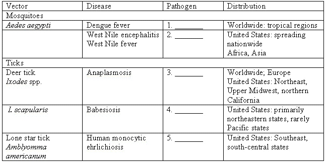 <strong>Fill in the blanks with the correct pathogen. Examples of Vector-Borne Diseases </strong> A)Bacteria B)Protozoan parasite C)Rickettsiae D)Virus