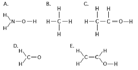 <strong> Figure 3.3 Which of the structures illustrated in Figure 3.3 is an impossible covalently bonded molecule?</strong> A) A B) B C) C D) D E) E