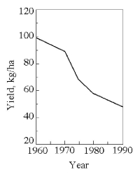 In west Texas, cotton has become an important crop in the last several decades. However, in this hot, dry part of the country there is little rainfall, so farmers irrigate their cotton fields. They must also regularly fertilize the cotton fields because the soil is very sandy. Figure 29.1 shows the record of annual productivity (measured in kilograms of cotton per hectare of land) since 1960 in a west Texas cotton field. Use these data to answer the following questions. Figure 29.1 -If you were the county agriculture agent, what would be the best advice you could give the farmer who owns the field under study in Figure 29.1?