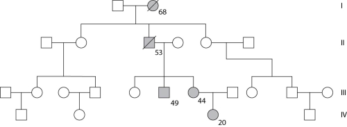 <strong>Use the following pedigree (Figure 11.3) for a family in which dark-shaded symbols represent individuals with one of the two major types of colon cancer. Numbers under the symbols are the individual's age at the time of diagnosis. Figure 11.3 In each generation of this family after generation I, the age at diagnosis is significantly lower than would be found in nonfamilial (sporadic) cases of this cancer (~63 years). What is the most likely reason?</strong> A) Members of this family know to be checked for colon cancer early in life. B) Hereditary (or familial) cases of this cancer typically occur at earlier ages than do nonfamilial forms. C) This is pure chance; it would not be expected if you were to look at a different family. D) This cancer requires mutations in more than this one gene. E) Affected members of this family are born with colon cancer, and it can be detected whenever they are first tested.