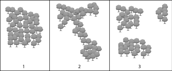 Please use the following information to answer the question(s) below. Three forest areas are being considered for a conservation reserve. Each area contains the same number of trees and is the same cumulative size. The area surrounding the forest patches is a mix of agricultural land and residential homes. -Which area(s) would be most suitable for conserving amphibians, which are highly susceptible to a pathogenic (disease-causing) chytrid fungus?