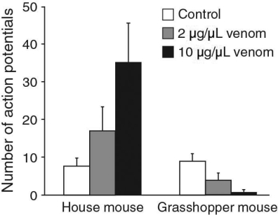 <strong>Researchers injected bark scorpion venom in mouse neurons (both a common house mouse and the southern grasshopper mouse) and measured how many action potentials were generated after the venom was introduced. Their data is shown below. Based on these data, what effect do you think the venom is having on the grasshopper mouse?</strong> A) The venom is blocking voltage-gated sodium channels. B) The venom is blocking voltage-gated potassium channels. C) The venom is opening voltage-gated sodium channels. D) The venom is opening voltage-gated potassium channels.