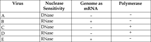 Please use the following information to answer the question(s) below. In 1971, David Baltimore described a scheme for classifying viruses based on how the virus produces mRNA. Table 17.1 shows the results of testing five viruses (A-E) for nuclease sensitivity , the ability of the viral genome to act as an mRNA, and the presence (+) or absence (-) of each virus's own polymerase. Table 17.1 -Some viruses can be crystallized and their structures analyzed. One such virus is yellow mottle virus, which infects beans. This virus has a single-stranded RNA genome containing about 6,300 nucleotides. Its capsid is 25-30 nm in diameter and contains 180 identical capsomeres. If the yellow mottle virus capsid has 20 facets, how many proteins form each facet?