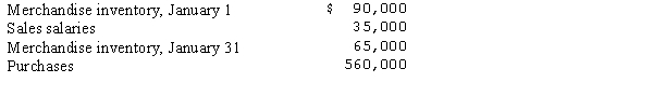 <strong>The following data were taken from Mansfield Merchandisers on January 31:   What was the Cost of goods sold in January?</strong> A)$585,000 B)$650,000 C)$620,000 D)$535,000 <div style=padding-top: 35px> 