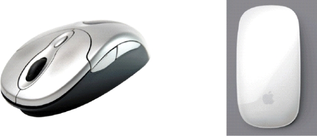 <strong> What kind of mouse, like the ones shown in the accompanying figure, uses devices that emit and sense light to detect movement?</strong> A)mechanical B)tracking C)optical D)enhanced