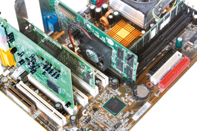 <strong> As shown in the accompanying figure, which of the following kinds of card is a circuit board that enhances functions of a component of the system unit and/or provides connections to peripherals?</strong> A)peripheral B)adapter C)conversion D)microcode