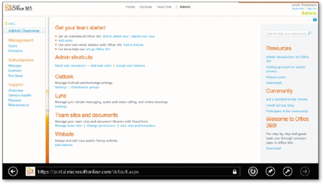 As shown in the accompanying figure,a team portal page is shown when you subscribe at https://portalmicrosoftonline.com.