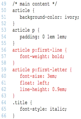 <strong> Referring to the figure above, which lines of code will create a drop cap?</strong> A) 50-52 B) 53-55 C) 56-58 D) 59-63