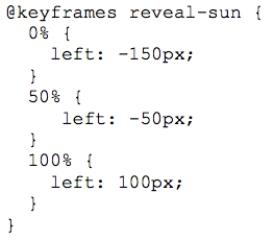 <strong> Referring to the figure above, what does the code reveal-sun represent?</strong> A) the class value of the element to which the code applies B) the name of the keyframe animation C) the text that is animated D) the title of the animation