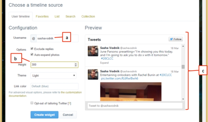<strong> Referring to the figure above, which item indicates the username to use as the source for the widget?</strong> A) a B) b C) c D) none of these