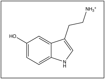 The picture below shows the structure of serotonin. a.From which amino acid is serotonin derived? b.What are the structural differences between serotonin and this amino acid? c.What is the function of serotonin? d.Which illness can be caused by reduced levels of serotonin in the brain?