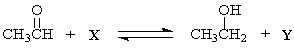 <strong>The reaction below is catalyzed by yeast alcohol dehydrogenase.Which of the following corresponds to X and Y in this reaction?  </strong> A)X = NADH<sup>+</sup>    ,Y = NAD + H<sup>+</sup> B)X = NAD<sup>+</sup>   ,Y = NADH + H<sup>+</sup> C)X = NADH + H<sup>+</sup>  , Y = NAD<sup>+</sup> D)X = NAD + H<sup>+</sup>   ,Y = NADH<sup>+</sup> E)X = NADPH + H<sup>+</sup>   ,Y = NADP<sup>+</sup> <div style=padding-top: 35px> 