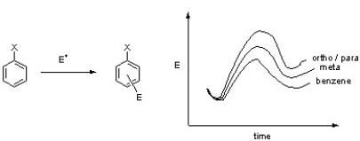 <strong>Based upon the following energy profile diagram for the first step of an electrophilic aromatic substitution reaction, which of the following substituents is X mostly likely to be? </strong> A) Cl B) OCH<sub>3</sub> C) CO<sub>2</sub>H D) CH<sub>3</sub>