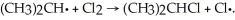 Given the bond dissociation energies below (in kcal/mol), estimate the ΔH° for the propagation step CH<sub>3</sub>CH<sub>2</sub>CH<sub>2</sub>-H 98 (CH<sub>3</sub>)<sub>2</sub>CH-H 95 Cl-Cl 58 H-Cl 103 CH<sub>3</sub>CH<sub>2</sub>CH<sub>2</sub>-Cl 81 (CH<sub>3</sub>)<sub>2</sub>CH-Cl 80
