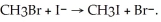 The following reaction occurs readily: Experimentally one finds that if the concentration of I<sup>-</sup> is doubled, the rate doubles. Also if the concentration of CH<sub>3</sub>Br is halved, the rate is halved. What is the rate equation for this reaction?