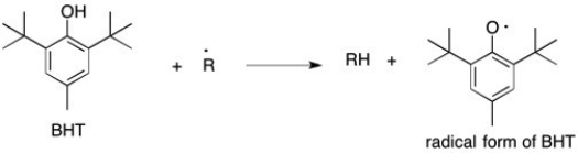 Butylated hydroxytoluene, or BHT, is a potent radical scavenger that is used as a food preservative. It reacts preferentially with free radicals in food to form a new, less reactive resonance stabilized species. The reaction of BHT with a damaging free radical is shown below. Draw two additional resonance structures for the radical form of BHT where the free electron is delocalized.  