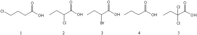 <strong>List the following weak acids in order of increasing acidity (from lowest to highest.). </strong> A) 4 < 3 < 2 < 1 < 5 B) 4 < 1 < 3 < 2 < 5 C) 5 < 2 < 3 < 1 < 4 D) 4 < 1 < 2 < 5 < 3 E) 1 < 2 < 4 < 3 < 5