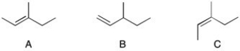 <strong>Rank the following compounds in order of increasing heat of hydrogenation, ΔH<sub>hyd</sub>.  </strong> A) A<B<C B) A<C<B C) B<C<A D) C<A<B <div style=padding-top: 35px> 
