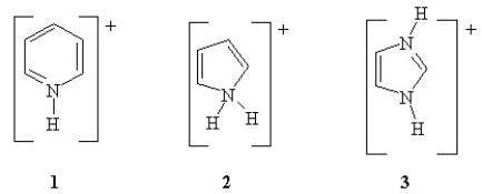 <strong>Rank the following in order of increasing pKa (from lowest to highest pKa). </strong> A) 1 < 2 < 3 B) 3 < 2 < 1 C) 2 < 1 < 3 D) 3 < 1 < 2 E) 2 < 3 < 1