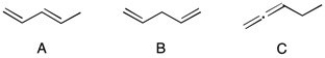 <strong>Rank the following compounds in order of increasing heats of hydrogenation. (The smallest ΔH is first.) </strong> A) A < B < C B) C < B < A C) C < A < B D) A < C < B
