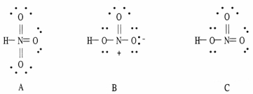 <strong>Which of the following are acceptable Lewis structures, including formal charges, for nitric acid, HNO<sub>3</sub>? </strong> A) A only B) B only C) C only D) both B and C E) A, B, and C