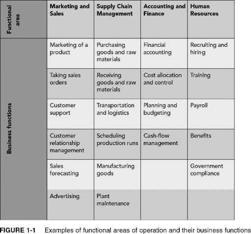 Choose an example company and give situations for each business process in the following figure.Depending on your major or interest,choose one functional area of operation.  <div style=padding-top: 35px> 