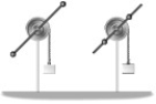 <strong>FIGURE 11-1 The rotating systems shown in Figure 11-1 differ only in that the two identical movable masses are positioned a distance r from the axis of rotation (left), or a distance r/2 from the axis of rotation (right). If you release the hanging blocks simultaneously from rest,</strong> A) the block at left lands first. B) the block at right lands first. C) both blocks land at the same time. D) it is impossible to tell which block reaches the bottom first.