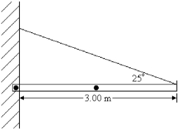 <strong>FIGURE 11-6 A store's sign, with a mass of 20.0 kg and 3.00 m long, has its center of gravity at the center of the sign. It is supported by a loose bolt attached to the wall at one end and by a wire at the other end, as shown in Figure 11-6. The wire makes an angle of 25.0° with the horizontal. What is the magnitude of the force exerted by the bolt on the sign?</strong> A) 464 N B) 232 N C) 196 N D) 116 N E) 297 N