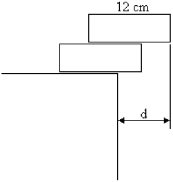 <strong>FIGURE 11-7 A child is trying to stack two uniform wooden blocks, 12 cm in length, so they will protrude as much as possible over the edge of a table, without tipping over, as shown in Figure 11-7. What is the maximum possible overhang distance?</strong> A) 5 cm B) 6 cm C) 7 cm D) 8 cm E) 9 cm