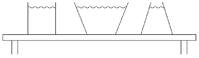 <strong>FIGURE 15-1 Each of the three containers shown in Figure 15-1 weighs the same amount and is filled with water to the same level. All three have the same surface area in contact with the table. Which of the following statements are true? I. The pressure at the bottom surface of the container is the same for all three containers. II. The force exerted by the water on the bottom surface of the container is the same For all three containers. III. The force exerted by the container on the table is the same for all three containers.</strong> A) Statements I, II, and III are true. B) Only Statements I and II are true. C) Only Statements II and III are true. D) Only Statements I and III are true. E) None of the statements are true.