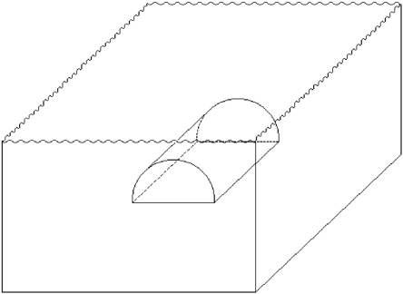 <strong>FIGURE 15-8 A cylinder, semicircular in cross-section, 10.0 m long and 5.00 m in radius, is completely submerged, with its flat 5.00 m × 10.0 m side horizontal and 8,00 m below the water surface, as shown in Figure 15-8. What is the force on the curved surface of the half-cylinder? Neglect atmospheric pressure.</strong> A) 2.00 × 10<sup>6</sup> N B) 2.50 × 10<sup>6</sup> N C) 3.00 × 10<sup>6</sup> N D) 3.50 × 10<sup>6</sup> N E) 4.00 × 10<sup>6</sup> N