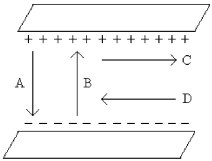 <strong>FIGURE 19-12 Which of the arrows shown in Figure 19-12 represents the correct direction of the electric field between the two metal plates?</strong> A) A B) B C) C D) D E) none of the above