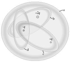 <strong>FIGURE 19-13 Figure 19-13 shows four Gaussian surfaces surrounding a distribution of charges. Which Gaussian surfaces have an electric flux of +q/ε<sub>o</sub> through them?</strong> A) a B) b C) c D) b and d E) b and c