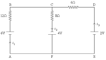 <strong>FIGURE 21-2 Which of the following equations represents a Kirchhoff's voltage rule for the circuit shown in Figure 21-2?</strong> A) -6 V + 2 V - (6Ω)i<sub>3</sub> = 0 V B) +4 V - (8Ω) i<sub>2</sub> - (12Ω) i<sub>1</sub> = 0 V C) -(8Ω) i<sub>2</sub> + 4 V + 6 V + (12Ω) i<sub>1</sub> = 0 V D) +6 V - (12Ω) i<sub>1</sub> - (8Ω) i<sub>2</sub> + 4 V = 0 V E) none of the above